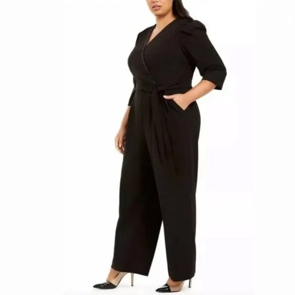 Calvin Klein Women's Black Surplice V Neck Rhinestone Jumpsuit Plus Sleeves 14W - Picture 1 of 16